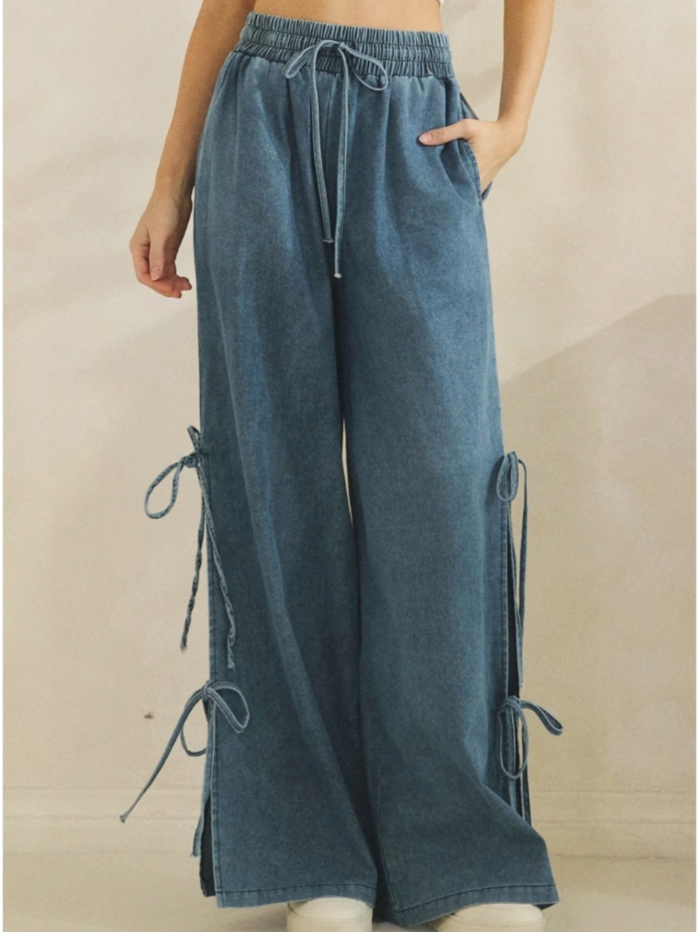 Sage + Fig Dark Wash Stretchy Waist Side Tie Wide Leg Denim Jeans Pants